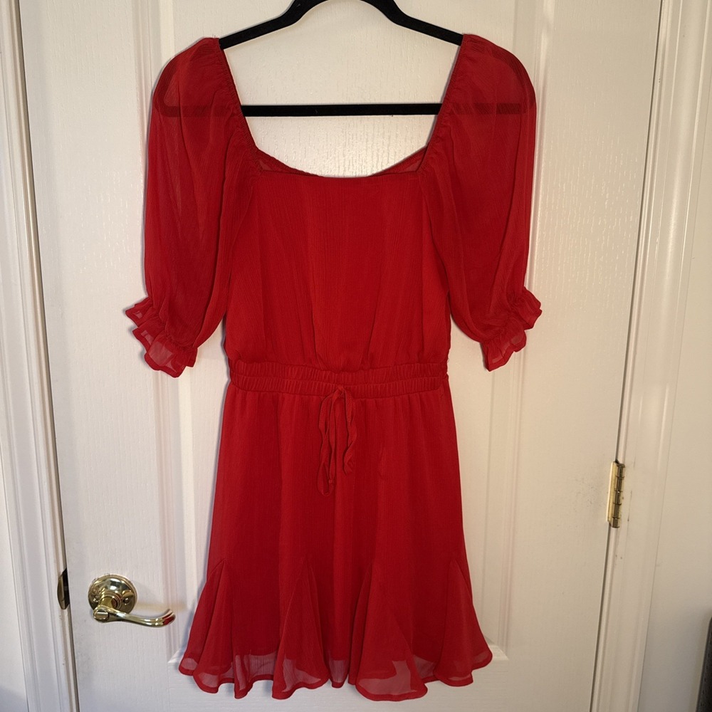 Mi Ami Red Puff Sleeve Ruffle Hem Mini Dress Smocked Drawstring Waist XS